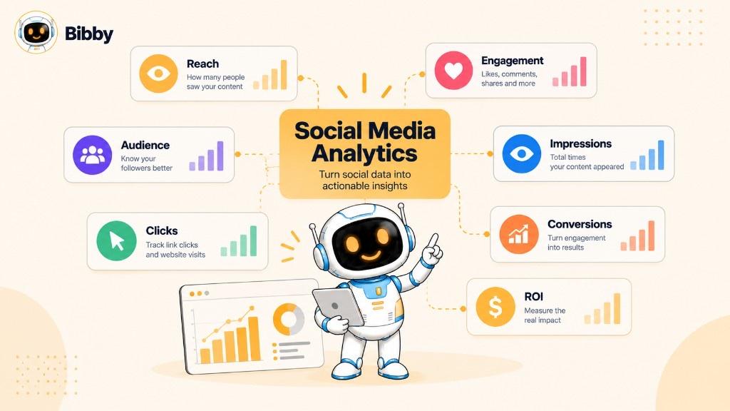 Infographic titled Social Media Analytics: a robot at the center connected to reach, engagement, impressions, conversions, ROI, clicks, and audience, plus a small chart card.