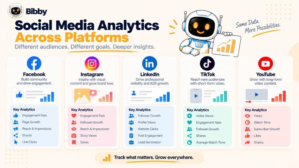 Infographic titled Social Media Analytics Across Platforms: Facebook, Instagram, LinkedIn, TikTok, and YouTube columns with sample strengths and key metrics, plus a robot holding a chart.