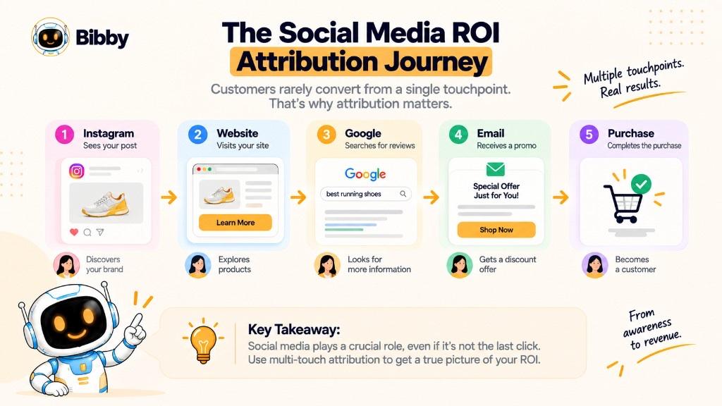 Infographic titled The Social Media ROI Attribution Journey: Instagram post, website visit, Google search, email promo with Shop Now, then purchase, noting social may not get the last click.