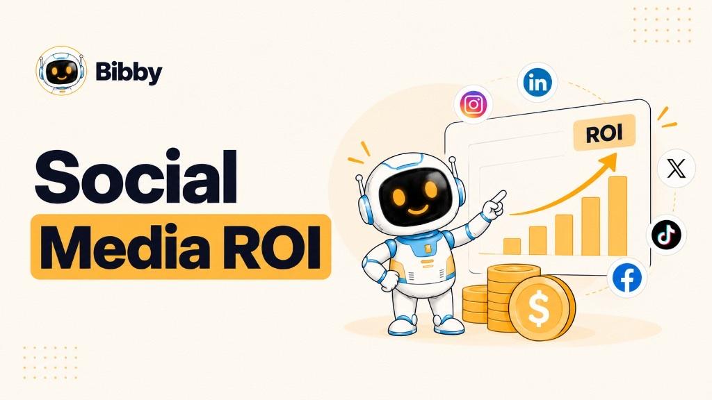 Bibby robot pointing at a rising bar chart labeled ROI, with Instagram, LinkedIn, X, TikTok, and Facebook icons and coin stacks. Illustration of financial return—not a Bibby dashboard. X is not a Bibby publish channel.