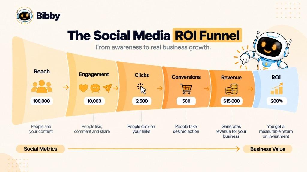 Infographic titled The Social Media ROI Funnel: reach, engagement, clicks, conversions, revenue, then ROI, moving from social metrics to business value, with sample figures such as 100,000 reach and 200% ROI.