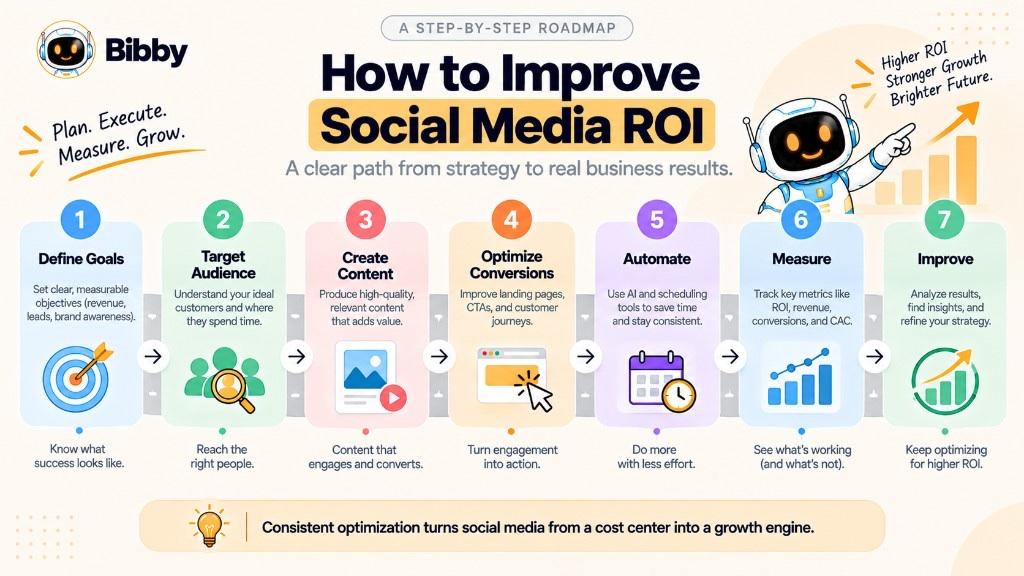 Infographic titled How to Improve Social Media ROI: seven steps—define goals, target audience, create content, optimize conversions, automate, measure, and improve.