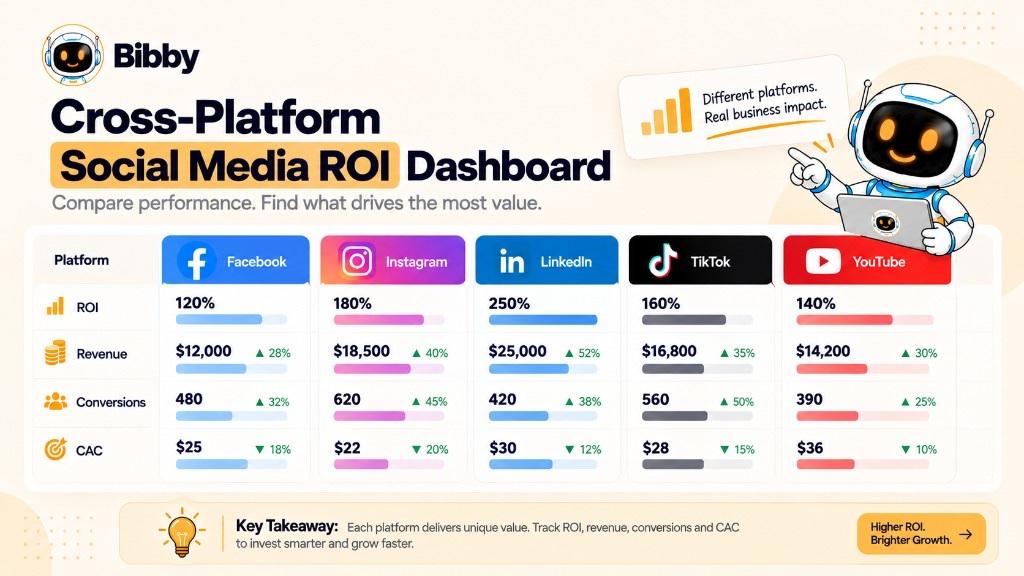 Infographic titled Cross-Platform Social Media ROI Dashboard: sample ROI, revenue, conversions, and CAC for Facebook, Instagram, LinkedIn, TikTok, and YouTube.
