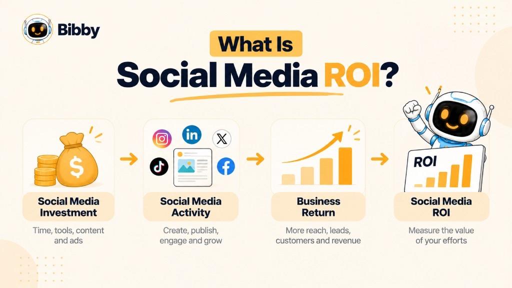 Infographic titled What Is Social Media ROI?: four steps from social media investment (time, tools, content, ads) through activity and business return to a card labeled Social Media ROI, with Instagram, LinkedIn, X, TikTok, and Facebook icons.