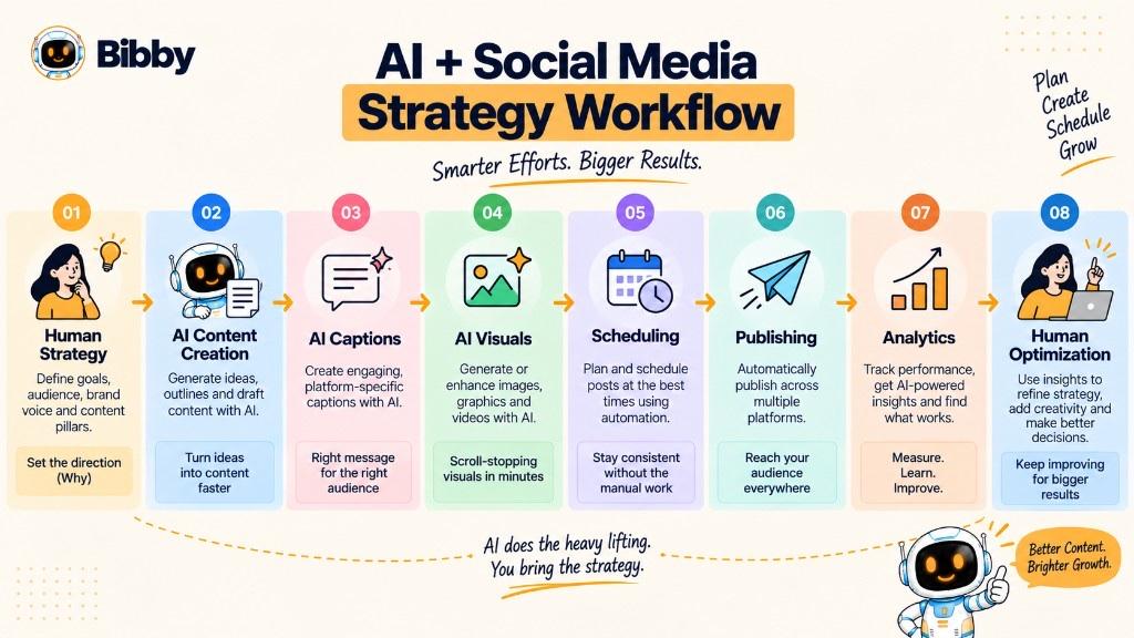 Infographic titled AI plus Social Media Strategy Workflow: eight steps from human strategy through AI content, captions, visuals, scheduling, publishing, analytics, and human optimization.