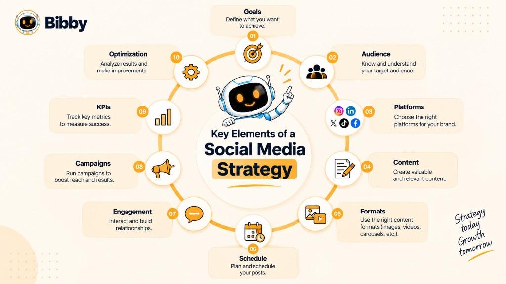 Infographic titled Key Elements of a Social Media Strategy: ten numbered points around a robot—goals, audience, platforms, content, formats, schedule, engagement, campaigns, KPIs, and optimization.