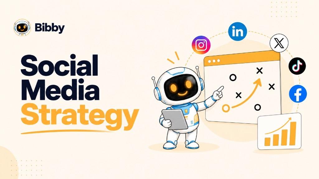 Bibby robot holding a tablet and pointing at a strategy board with Instagram, LinkedIn, X, TikTok, and Facebook icons. Illustration of planning—not a Bibby analytics dashboard. X is not a Bibby publish channel.
