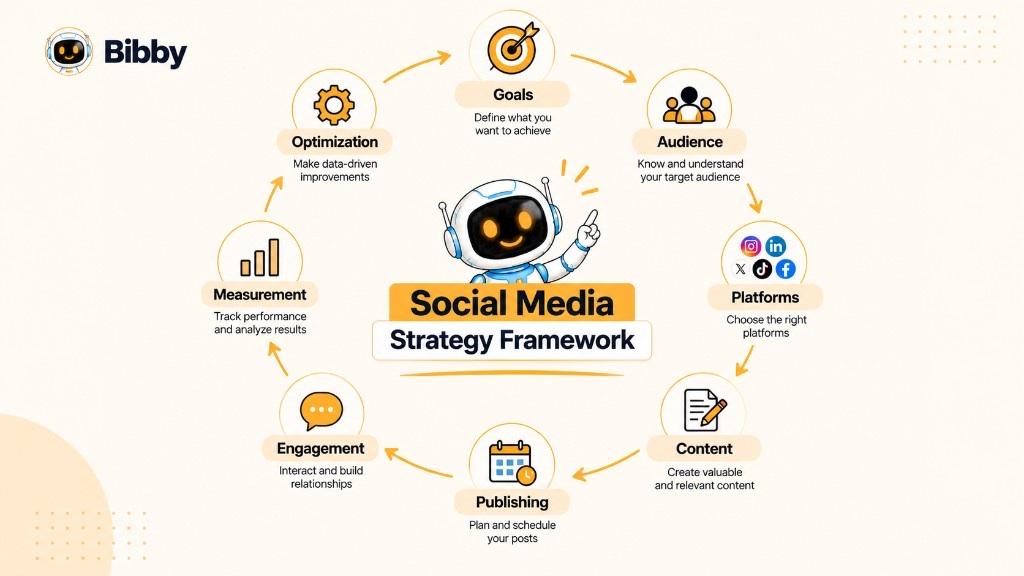 Infographic titled Social Media Strategy Framework: a robot at the center of a cycle for goals, audience, platforms, content, publishing, engagement, measurement, and optimization.