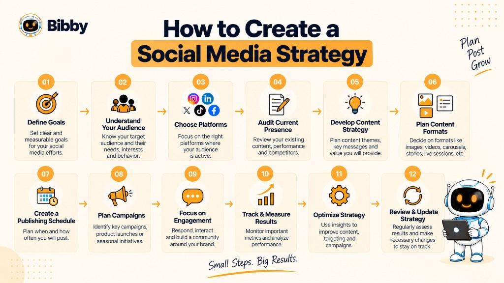 Infographic titled How to Create a Social Media Strategy: twelve steps from define goals through review and update, including platforms, content, schedule, campaigns, engagement, and measurement.