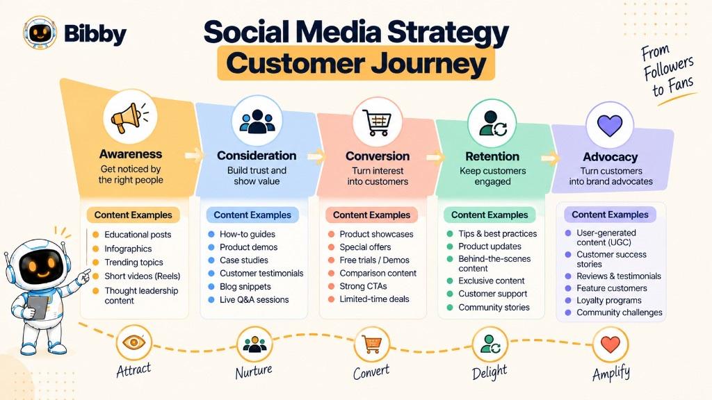 Infographic titled Social Media Strategy Customer Journey: awareness, consideration, conversion, retention, and advocacy with sample content for each stage.