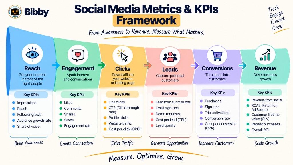 Infographic titled Social Media Metrics and KPIs Framework: a funnel from reach and engagement through clicks, leads, conversions, and revenue with sample KPIs at each step.
