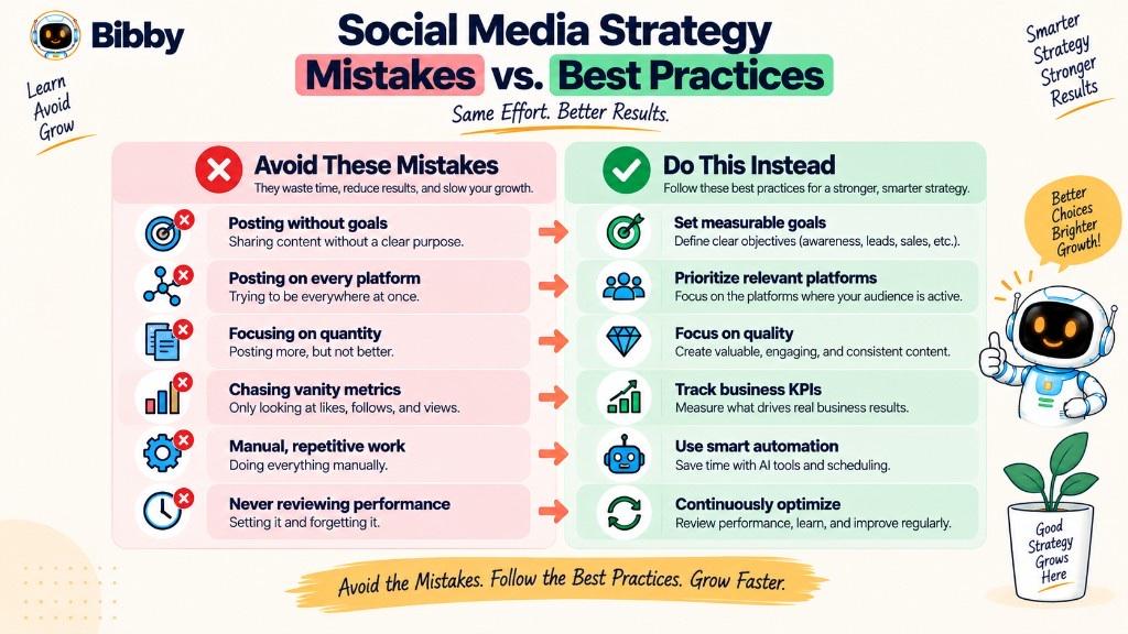 Infographic titled Social Media Strategy Mistakes vs Best Practices: avoid posting without goals, every platform, vanity metrics, and no review; instead set measurable goals, prioritize platforms, and optimize from Insights.