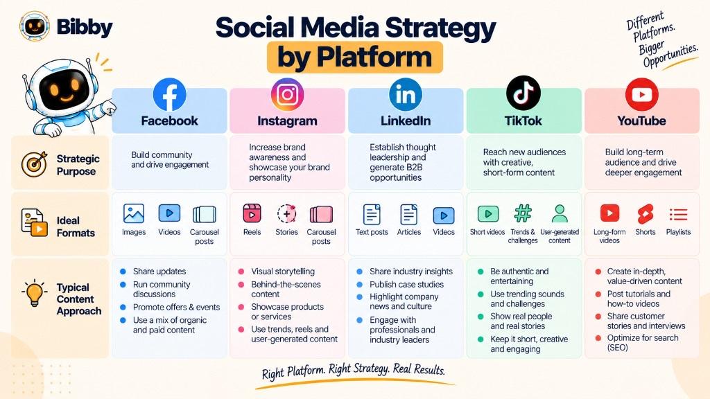 Infographic titled Social Media Strategy by Platform: Facebook, Instagram, LinkedIn, TikTok, and YouTube with purpose, formats, and typical content approaches.