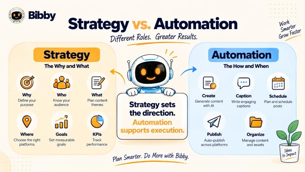 Infographic titled Strategy vs Automation: strategy covers why, who, what, where, goals, and KPIs; automation covers create, caption, schedule, publish, and organize.