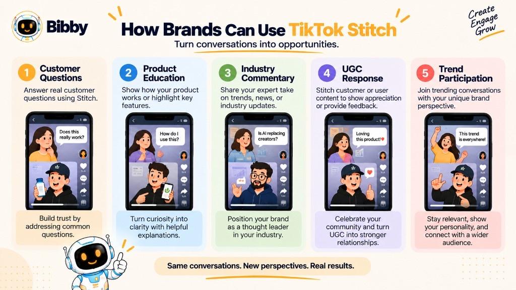 Infographic titled How Brands Can Use TikTok Stitch: customer questions, product education, industry commentary, UGC response, and trend participation.