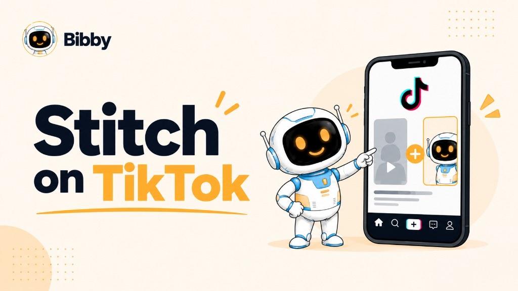 Bibby robot pointing at a phone showing TikTok’s Stitch layout: an original clip plus a new clip with a plus icon. Illustration of TikTok’s in-app Stitch—not a Bibby editor. Stitching a video is not a reach or virality guarantee.
