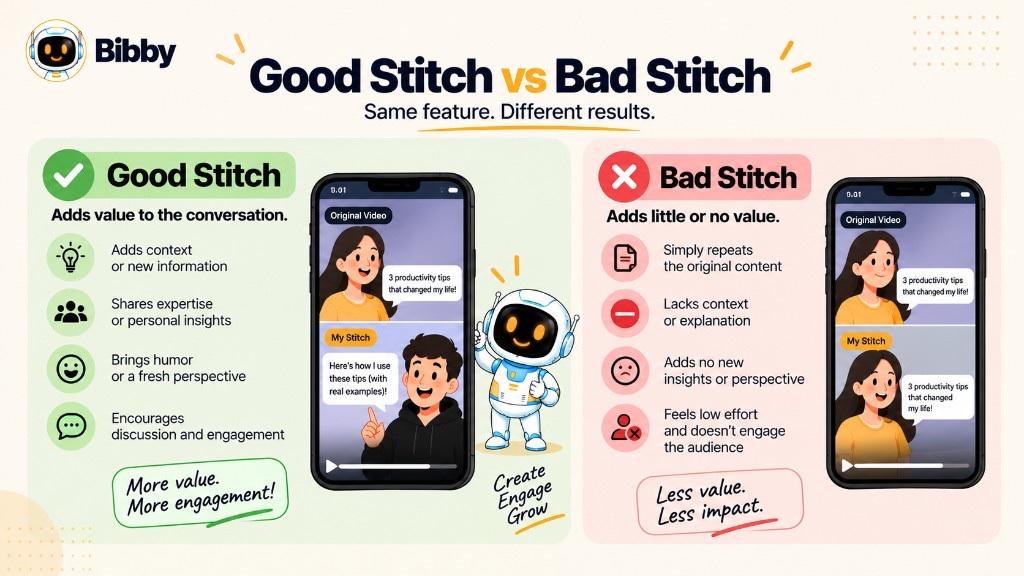 Infographic titled Good Stitch vs Bad Stitch: a good Stitch adds context or a new insight; a bad Stitch only repeats the original.