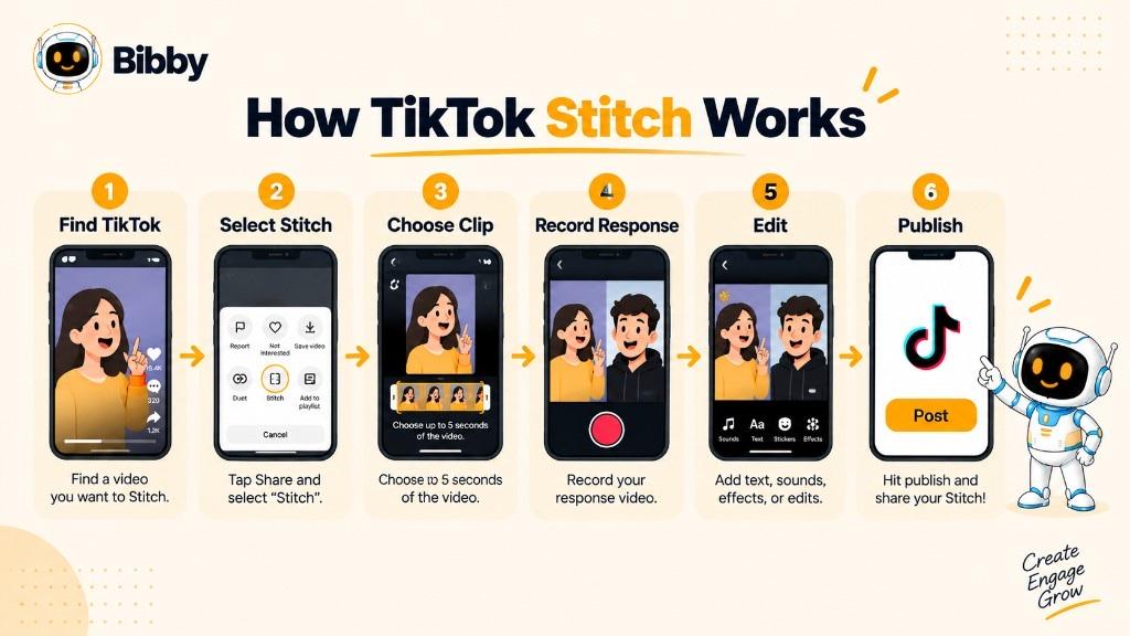 Infographic titled How TikTok Stitch Works: six steps—find a TikTok, select Stitch, choose a clip, record a response, edit, and publish.