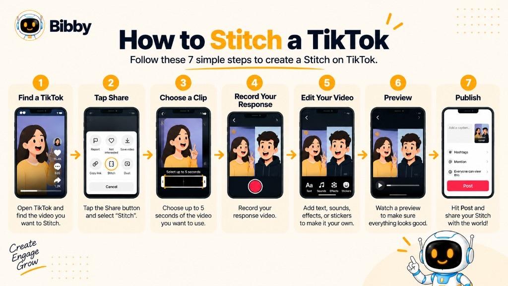 Infographic titled How to Stitch a TikTok: seven steps from finding a video and tapping Share through clip, record, edit, preview, and Post.