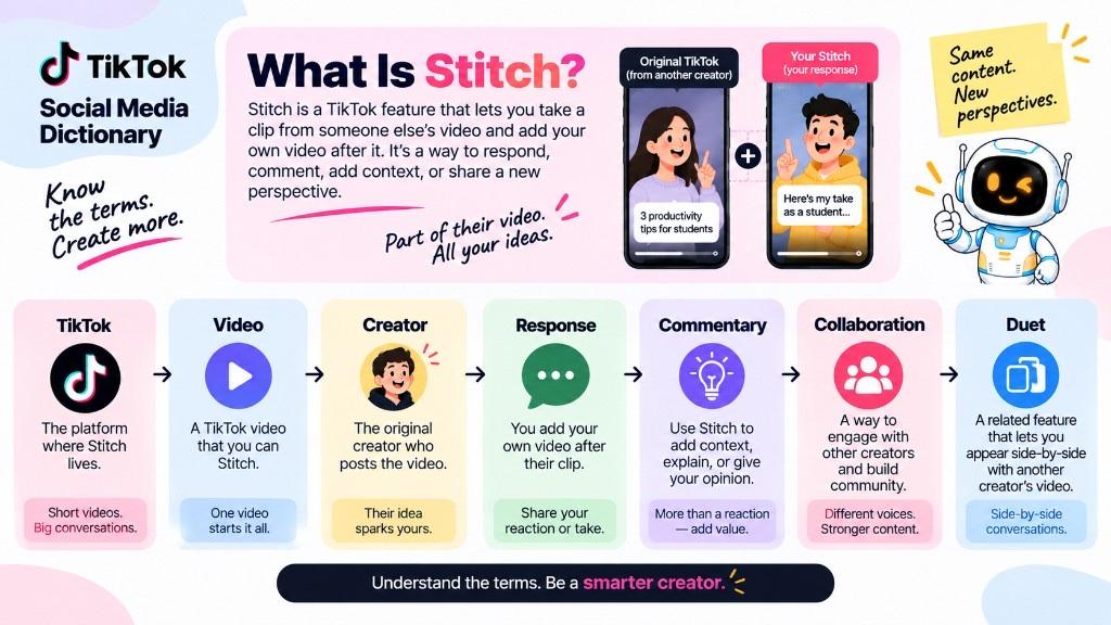 Infographic titled What Is Stitch? with related terms: TikTok, video, creator, response, commentary, collaboration, and Duet.