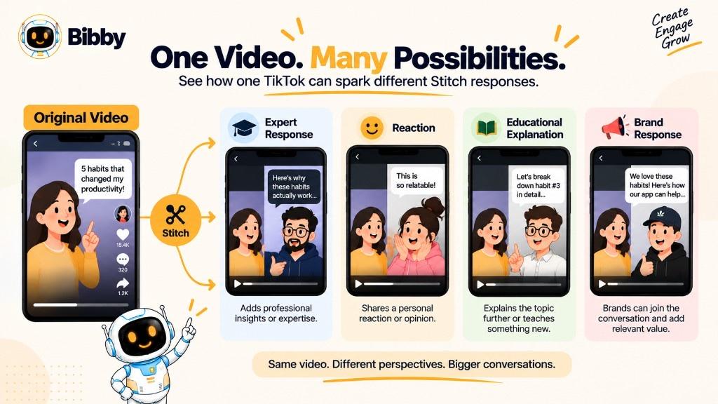 Infographic titled One Video Many Possibilities: one original TikTok branching into expert, reaction, educational, and brand Stitch responses.