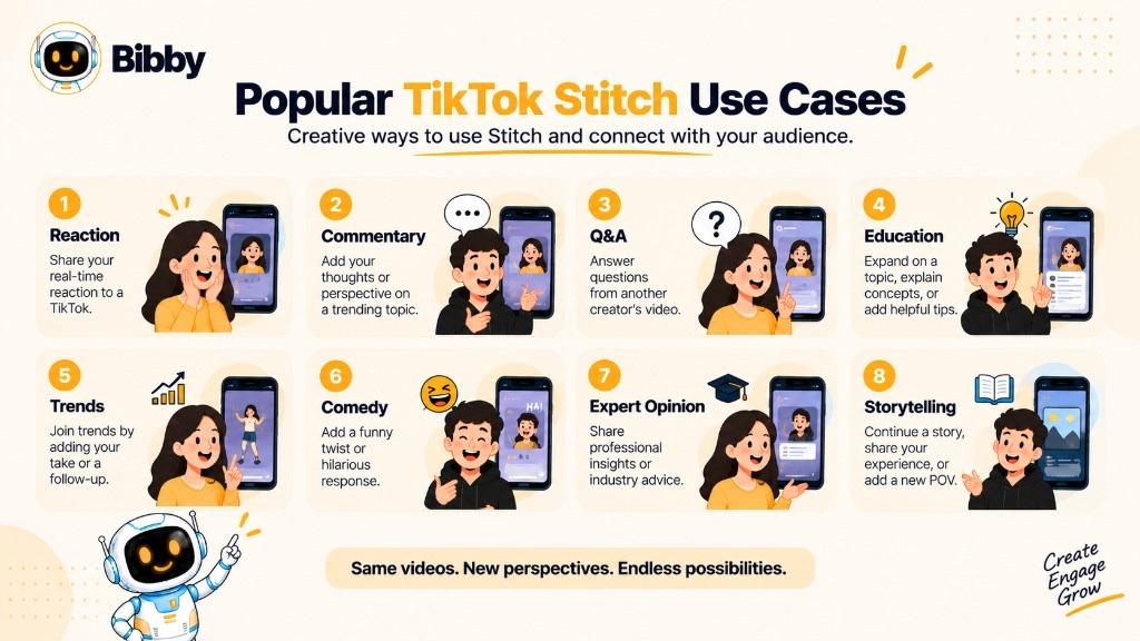 Infographic titled Popular TikTok Stitch Use Cases: reaction, commentary, Q&A, education, trends, comedy, expert opinion, and storytelling.