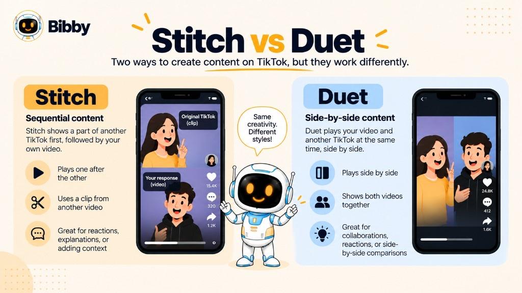 Infographic titled Stitch vs Duet: Stitch is sequential clip-then-response; Duet is side-by-side on the same screen.