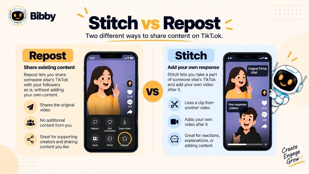 Infographic titled Stitch vs Repost: a Repost shares the original as-is; a Stitch adds your own video after a selected clip.