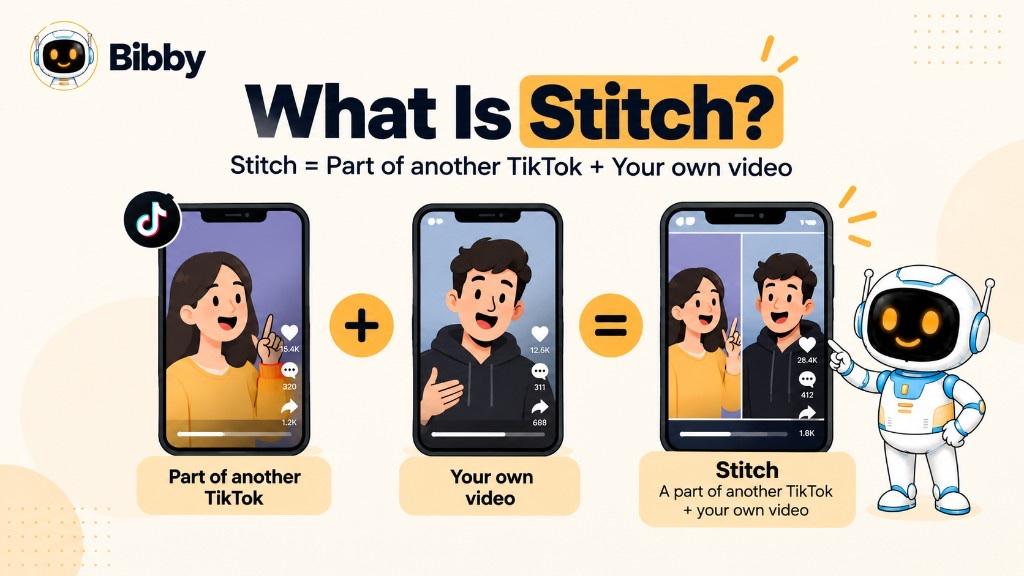 Infographic titled What Is Stitch?: part of another TikTok plus your own video equals a Stitch, with three phones and a robot pointing at the result.
