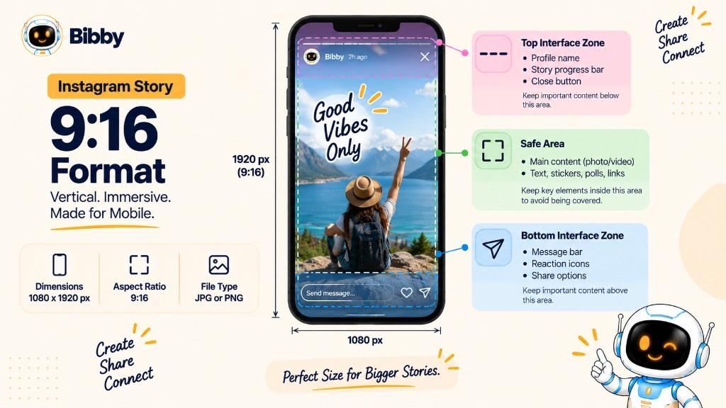 Infographic titled Instagram Story 9:16 Format: 1080 by 1920 safe area between top chrome and the message bar.