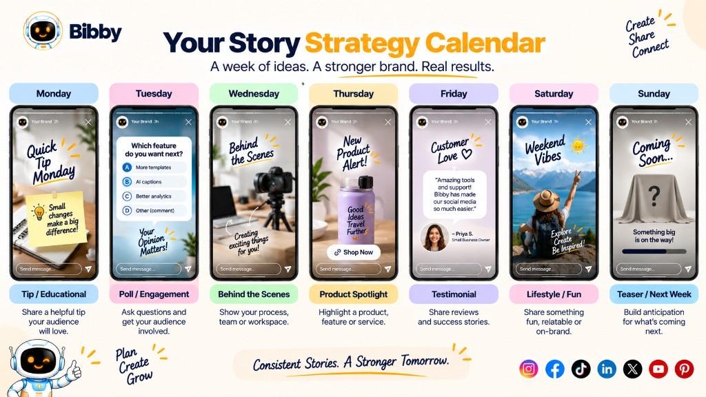 Infographic titled Your Story Strategy Calendar: a week of tip, poll, behind-the-scenes, product, testimonial, lifestyle, and teaser frames.