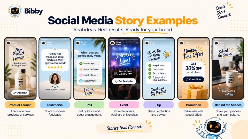 Infographic titled Social Media Story Examples: product launch, testimonial, poll, event, tip, promotion, and behind-the-scenes.