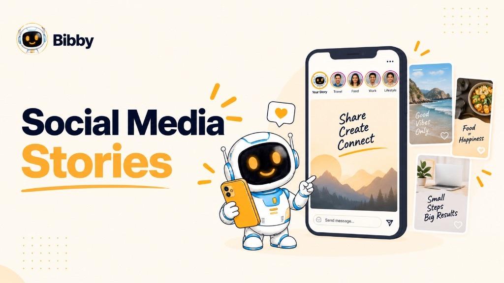 Bibby robot holding a phone next to a Story player showing Share Create Connect and sample Story cards. Illustration of the Story format—not a live Bibby analytics tray, Highlights product, or reach guarantee.