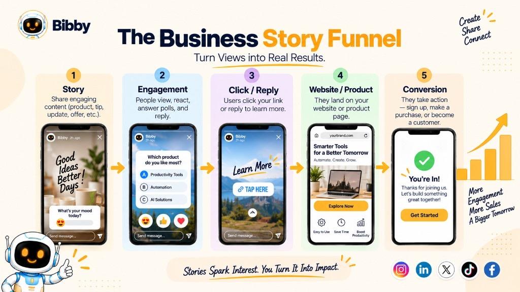 Infographic titled The Business Story Funnel: Story, engagement, click or reply, website, then conversion.