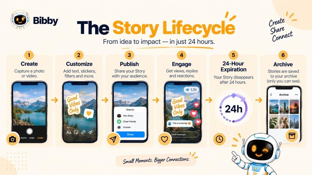 Infographic titled The Story Lifecycle: create, customize, publish, engage, 24-hour expiration, then archive.