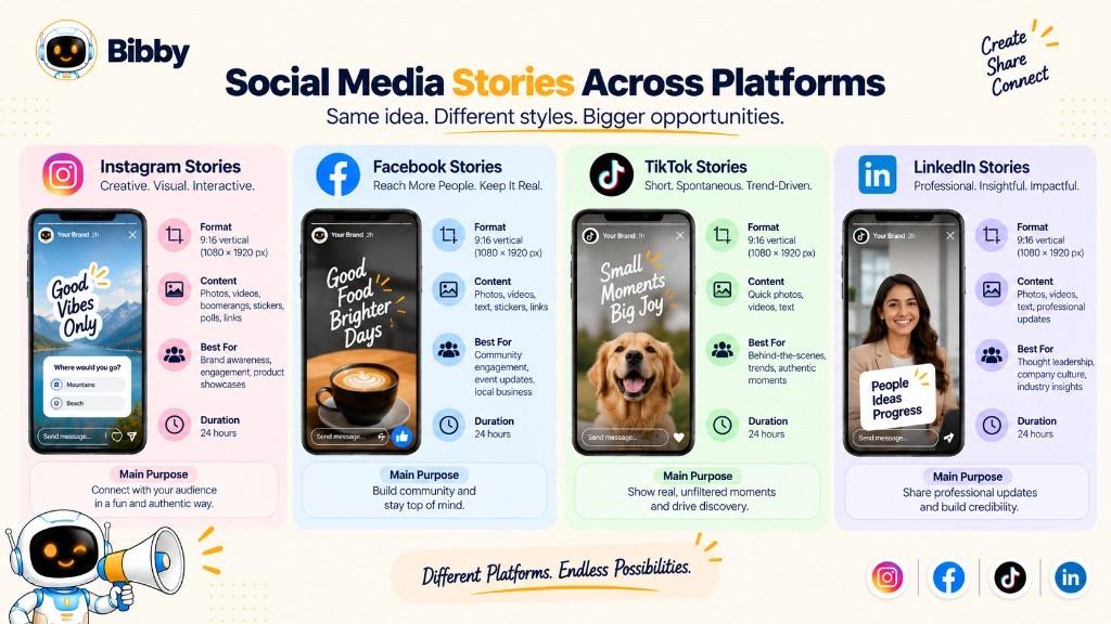 Infographic titled Social Media Stories Across Platforms: Instagram, Facebook, TikTok, and LinkedIn with sample 9:16 frames and 24-hour duration.