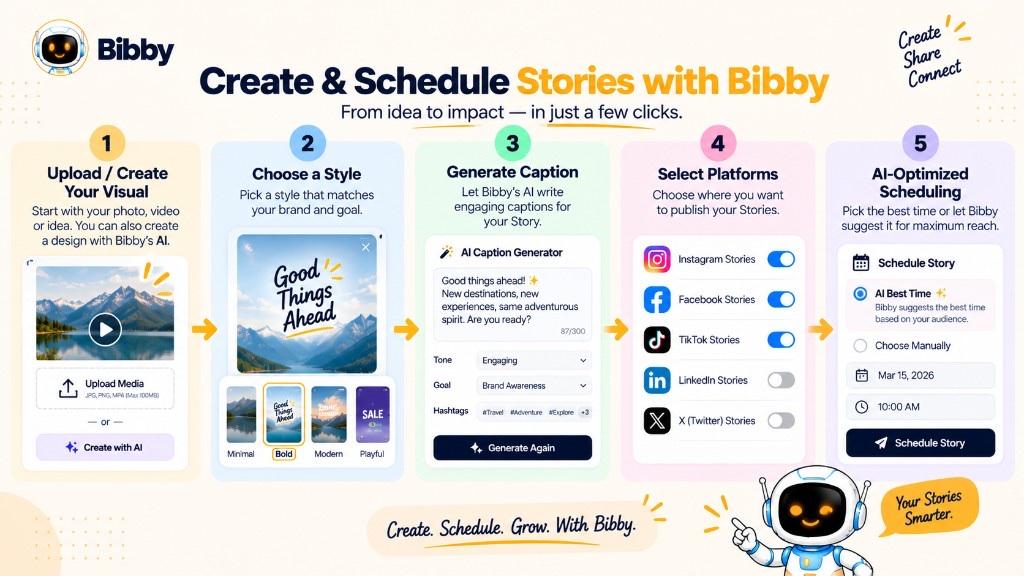 Infographic titled Create and Schedule Stories with Bibby: upload or generate a visual, choose a style, generate a caption, select platforms, then AI-optimized scheduling.
