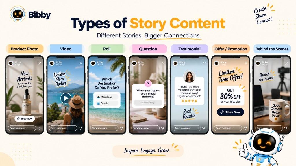 Infographic titled Types of Story Content: product photo, video, poll, question, testimonial, offer, and behind-the-scenes frames.
