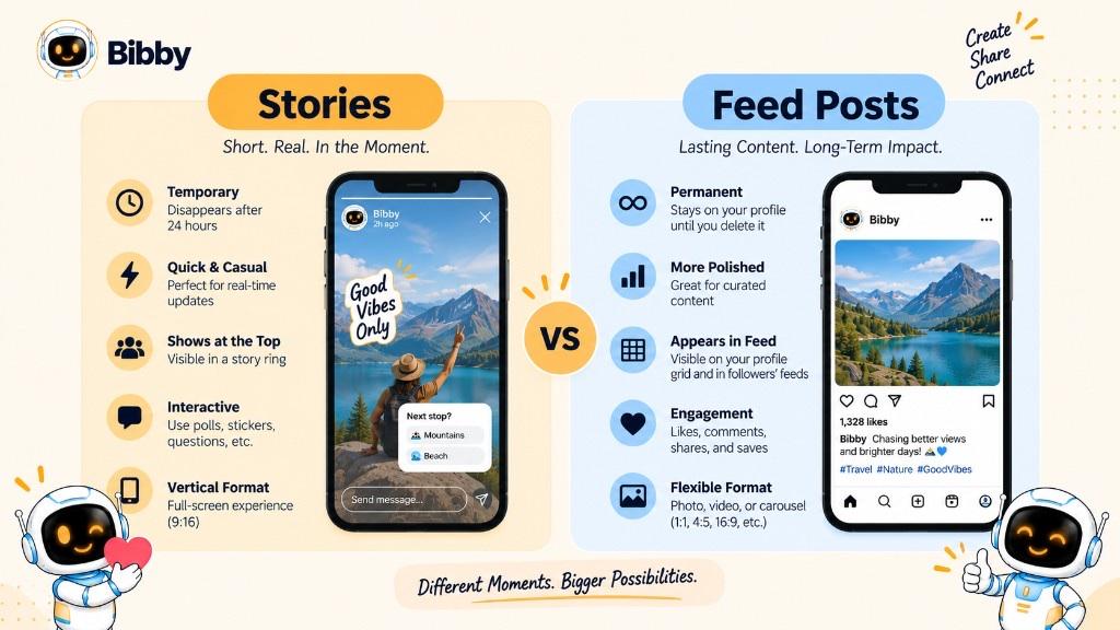 Infographic titled Stories vs Feed Posts: Stories are temporary, casual, and vertical; feed posts stay on the profile and can use more layouts.