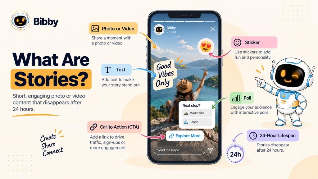 Infographic titled What Are Stories?: a phone Story with photo, text, sticker, poll, CTA link, and a 24-hour lifespan callout.