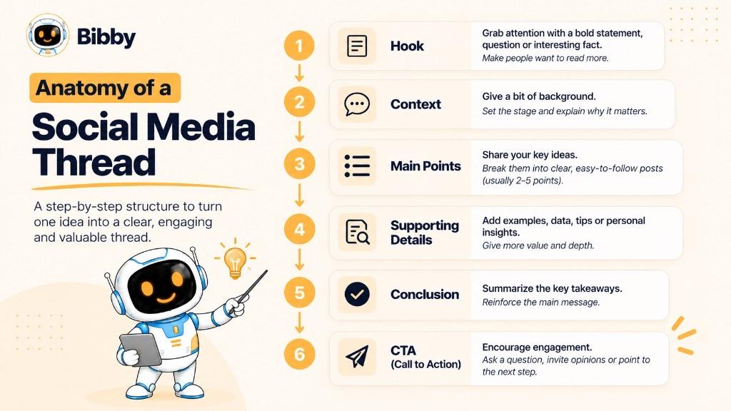Infographic of thread anatomy: hook, context, main points, supporting details, conclusion, and call to action.