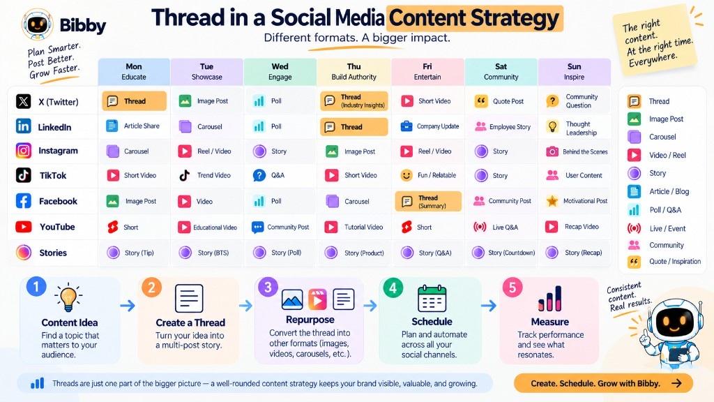 Infographic of a weekly content calendar with threads, carousels, Stories, and video across X, LinkedIn, Instagram, TikTok, Facebook, and YouTube, plus a five-step idea-to-measure flow.