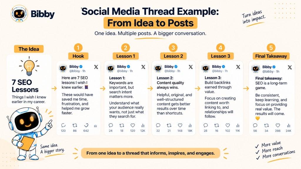 Infographic of a seven-SEO-lessons idea turned into a five-post thread from hook through final takeaway.