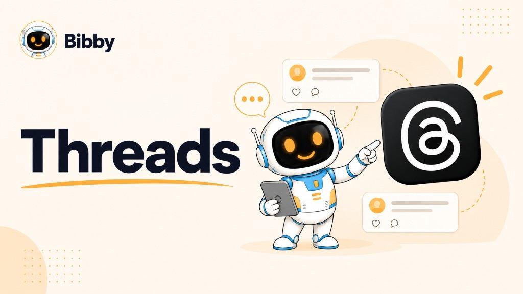 Bibby robot pointing at a Threads-style app icon beside stacked conversation cards. Illustration of connected posts—not a claim that Bibby publishes to X or Meta Threads.