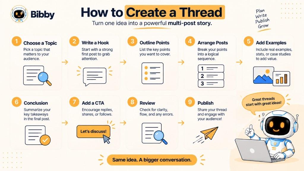 Infographic of nine steps to create a thread: choose a topic, write a hook, outline points, arrange posts, add examples, conclude, add a CTA, review, and publish.