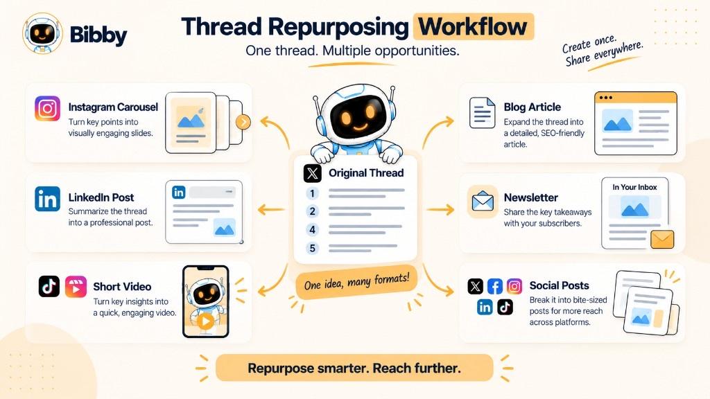 Infographic of a thread repurposing workflow: original thread to Instagram carousel, LinkedIn post, short video, blog article, newsletter, and social posts.