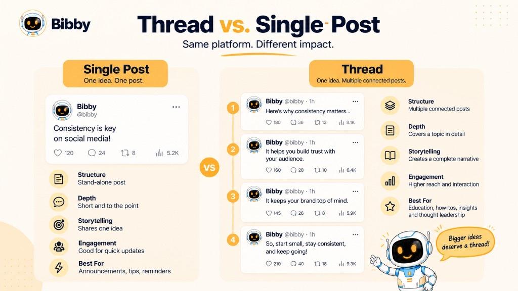 Infographic comparing a single social media post with a thread of connected posts, including structure, depth, and storytelling.