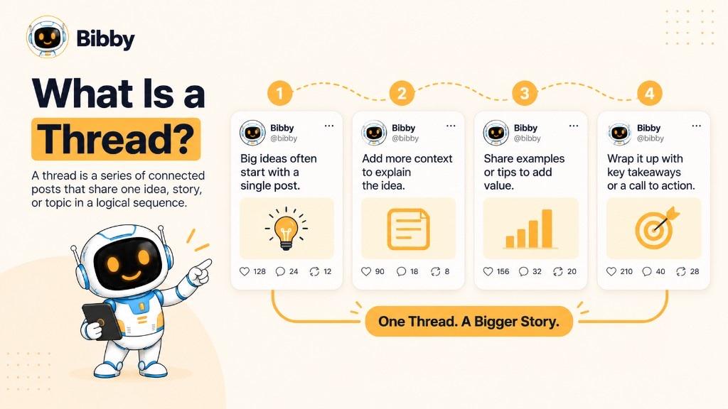 Infographic defining a social media thread as connected posts in sequence, with four sample posts from hook to takeaway.