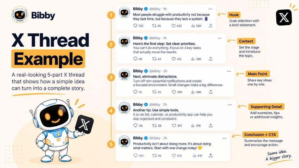 Infographic of a five-part X thread example with hook, context, main point, supporting detail, and conclusion plus CTA.