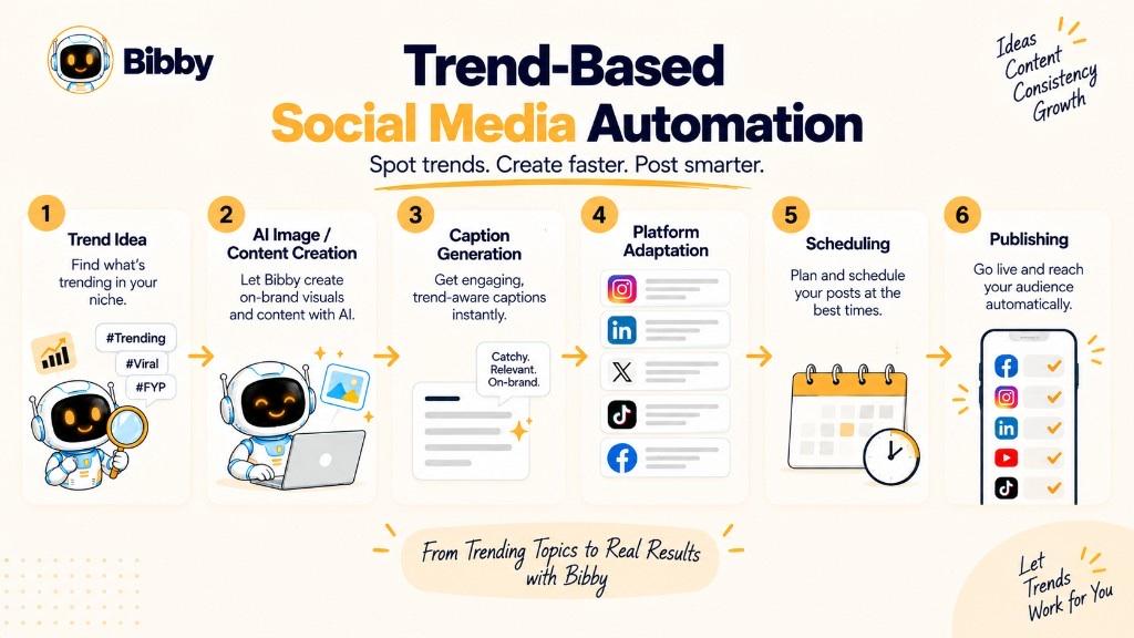 Infographic of trend-based social media automation: trend idea, AI image, caption, platform adaptation, scheduling, then publishing.